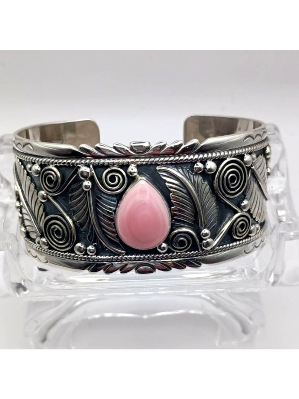 Handmade Southwest Cowgirl Sterling Silver Pink Conch Shell Cuff Bracelet 56g - Picture 2 of 7